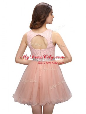 Super Peach Organza Zipper Scoop Sleeveless Mini Length Evening Dress Beading and Lace