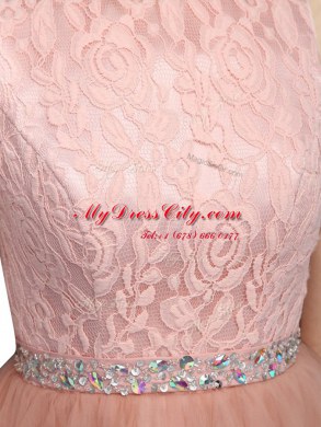 Super Peach Organza Zipper Scoop Sleeveless Mini Length Evening Dress Beading and Lace