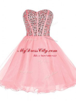 Exceptional Pink A-line Sweetheart Sleeveless Organza Mini Length Zipper Beading and Ruffled Layers Prom Dress