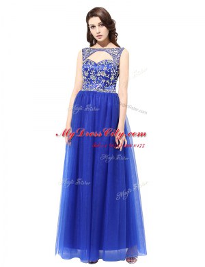 Exquisite Bateau Sleeveless Homecoming Dress Floor Length Beading Blue Tulle