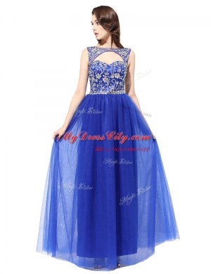 Exquisite Bateau Sleeveless Homecoming Dress Floor Length Beading Blue Tulle