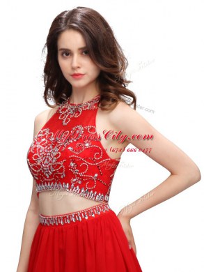 Clearance Red Zipper Scoop Beading Prom Dress Chiffon Sleeveless