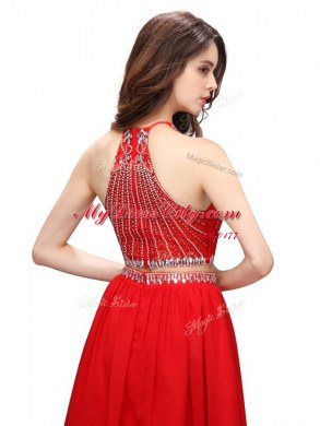 Clearance Red Zipper Scoop Beading Prom Dress Chiffon Sleeveless