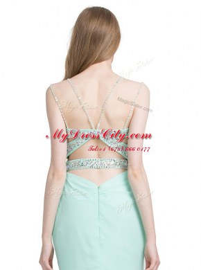Popular Apple Green Criss Cross Spaghetti Straps Beading Prom Party Dress Chiffon Sleeveless Brush Train
