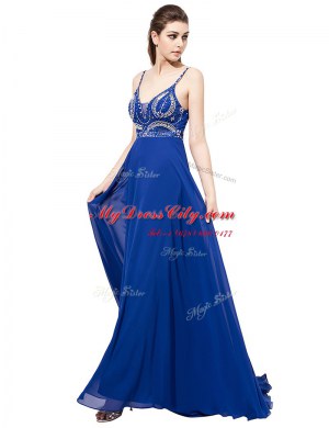 Elegant Royal Blue Sleeveless Sweep Train Beading With Train Prom Dress