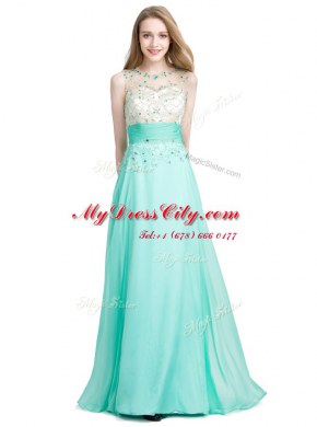 Turquoise Column/Sheath Scoop Sleeveless Chiffon Floor Length Zipper Beading Prom Evening Gown