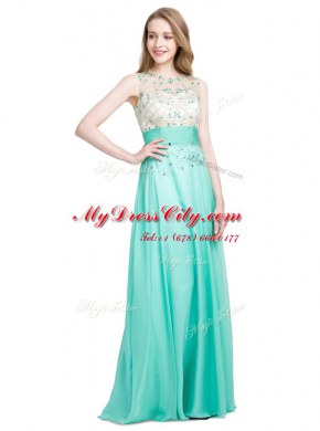 Turquoise Column/Sheath Scoop Sleeveless Chiffon Floor Length Zipper Beading Prom Evening Gown