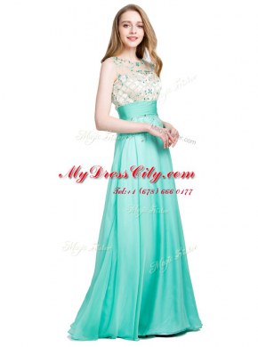 Turquoise Column/Sheath Scoop Sleeveless Chiffon Floor Length Zipper Beading Prom Evening Gown
