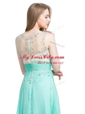 Turquoise Column/Sheath Scoop Sleeveless Chiffon Floor Length Zipper Beading Prom Evening Gown