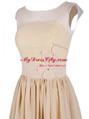 Artistic Champagne Prom Dresses Prom and Party and For with Appliques and Ruching Scoop Cap Sleeves Zipper