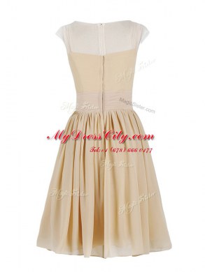 Artistic Champagne Prom Dresses Prom and Party and For with Appliques and Ruching Scoop Cap Sleeves Zipper
