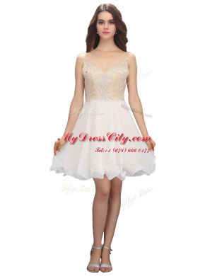 White Backless Evening Dress Beading Sleeveless Mini Length