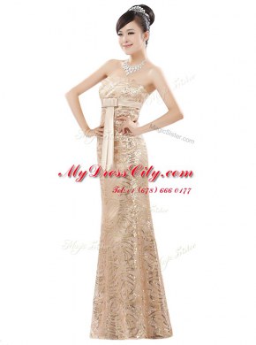 Satin Strapless Sleeveless Zipper Appliques Prom Gown in Champagne