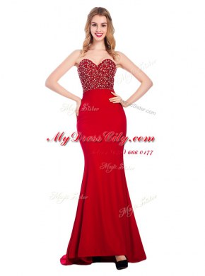 Mermaid Elastic Woven Satin Sweetheart Sleeveless Sweep Train Zipper Beading Evening Dress in Wine Red