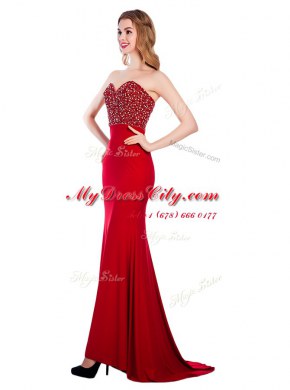 Mermaid Elastic Woven Satin Sweetheart Sleeveless Sweep Train Zipper Beading Evening Dress in Wine Red