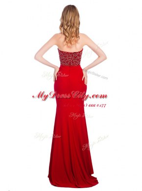 Mermaid Elastic Woven Satin Sweetheart Sleeveless Sweep Train Zipper Beading Evening Dress in Wine Red