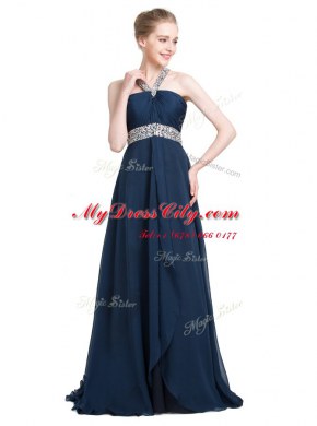 Blue Sleeveless Floor Length Beading Backless Prom Evening Gown