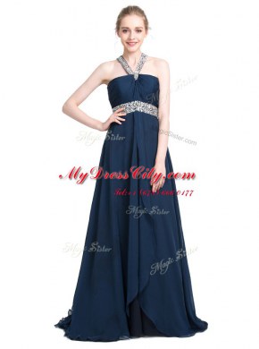Blue Sleeveless Floor Length Beading Backless Prom Evening Gown