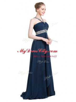 Blue Sleeveless Floor Length Beading Backless Prom Evening Gown