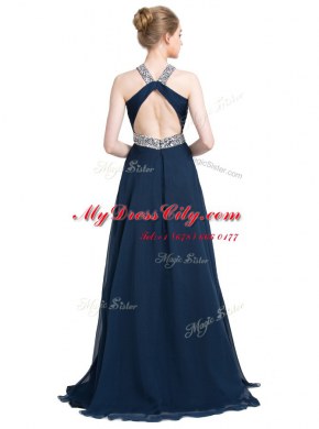 Blue Sleeveless Floor Length Beading Backless Prom Evening Gown