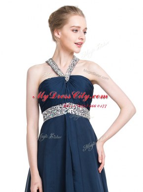 Blue Sleeveless Floor Length Beading Backless Prom Evening Gown