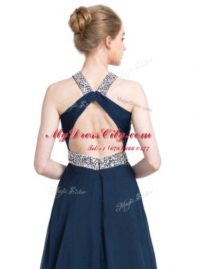Blue Sleeveless Floor Length Beading Backless Prom Evening Gown