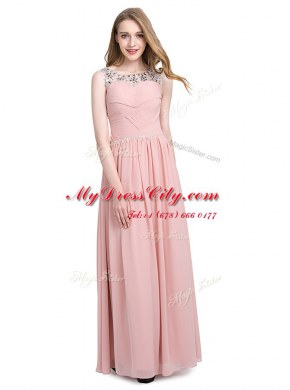 Beautiful Scoop Sleeveless Chiffon Floor Length Zipper Prom Gown in Pink with Beading