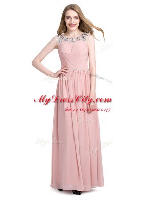 Beautiful Scoop Sleeveless Chiffon Floor Length Zipper Prom Gown in Pink with Beading