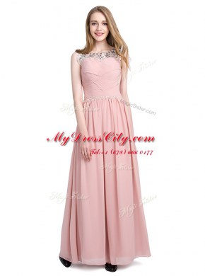 Beautiful Scoop Sleeveless Chiffon Floor Length Zipper Prom Gown in Pink with Beading
