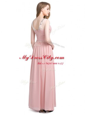 Beautiful Scoop Sleeveless Chiffon Floor Length Zipper Prom Gown in Pink with Beading