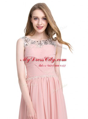Beautiful Scoop Sleeveless Chiffon Floor Length Zipper Prom Gown in Pink with Beading