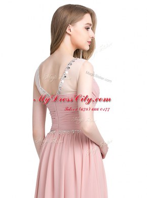 Beautiful Scoop Sleeveless Chiffon Floor Length Zipper Prom Gown in Pink with Beading