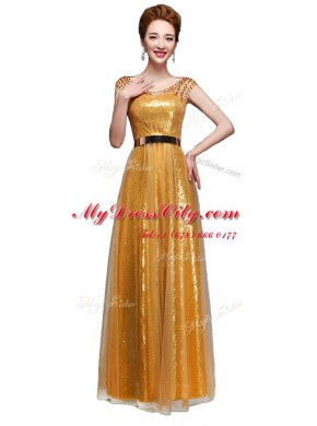 Enchanting Scoop Gold Cap Sleeves Floor Length Beading and Sequins and Belt Zipper Prom Evening Gown