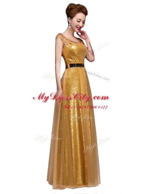 Enchanting Scoop Gold Cap Sleeves Floor Length Beading and Sequins and Belt Zipper Prom Evening Gown