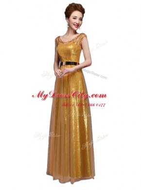 Enchanting Scoop Gold Cap Sleeves Floor Length Beading and Sequins and Belt Zipper Prom Evening Gown