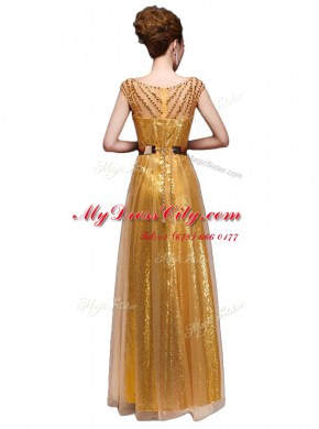 Enchanting Scoop Gold Cap Sleeves Floor Length Beading and Sequins and Belt Zipper Prom Evening Gown