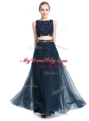 On Sale Scoop Navy Blue Sleeveless Floor Length Beading Zipper Prom Dress