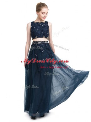 On Sale Scoop Navy Blue Sleeveless Floor Length Beading Zipper Prom Dress
