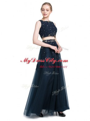On Sale Scoop Navy Blue Sleeveless Floor Length Beading Zipper Prom Dress