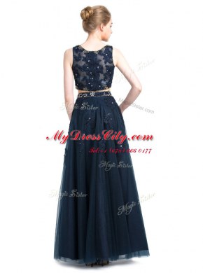 On Sale Scoop Navy Blue Sleeveless Floor Length Beading Zipper Prom Dress