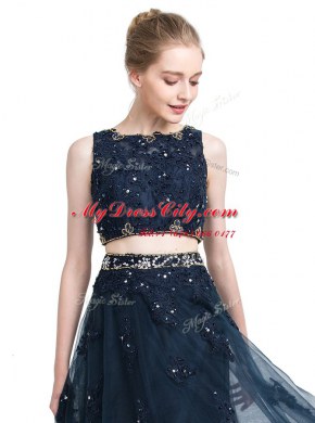 On Sale Scoop Navy Blue Sleeveless Floor Length Beading Zipper Prom Dress