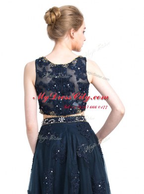 On Sale Scoop Navy Blue Sleeveless Floor Length Beading Zipper Prom Dress