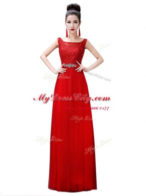 Sleeveless Chiffon Floor Length Zipper Prom Gown in Red with Beading and Lace