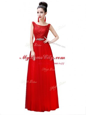 Sleeveless Chiffon Floor Length Zipper Prom Gown in Red with Beading and Lace