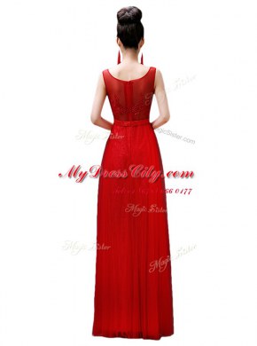 Sleeveless Chiffon Floor Length Zipper Prom Gown in Red with Beading and Lace