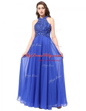 Blue Backless Halter Top Beading and Lace Prom Dresses Chiffon Sleeveless