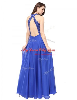 Blue Backless Halter Top Beading and Lace Prom Dresses Chiffon Sleeveless