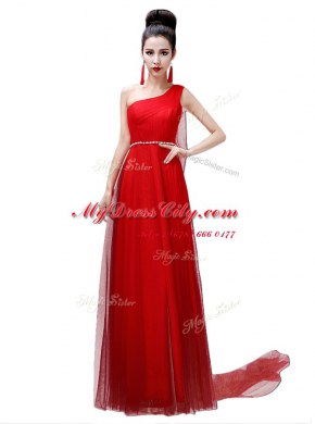 Pretty One Shoulder Sleeveless Side Zipper Evening Dress Coral Red Chiffon