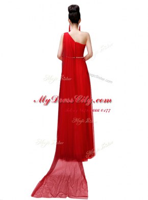 Pretty One Shoulder Sleeveless Side Zipper Evening Dress Coral Red Chiffon