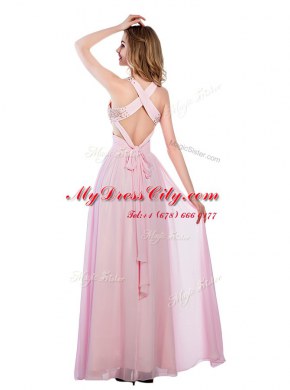 Sophisticated V-neck Sleeveless Tulle Homecoming Dress Beading and Bowknot Criss Cross